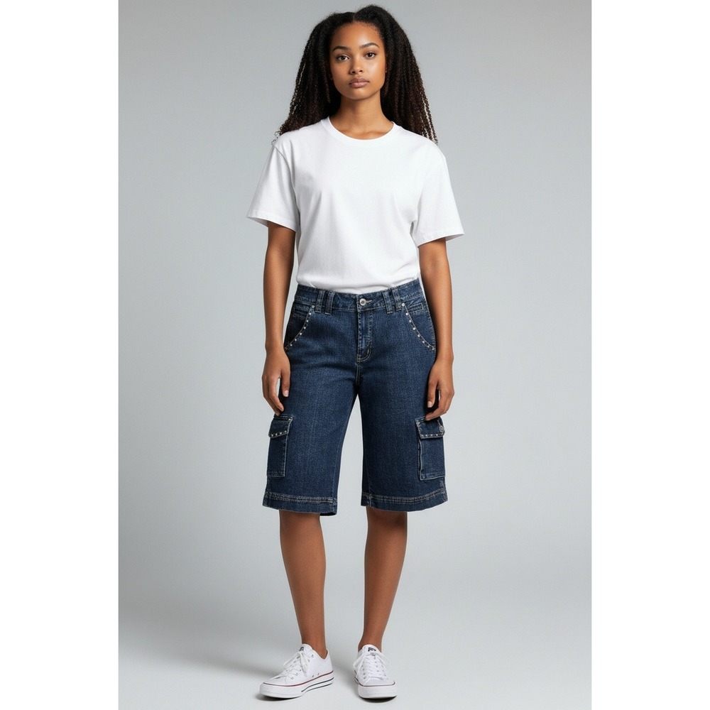 Ethyl Denim Cargo Shorts Womens 8 Blue Excellent Rhinestone Studded Bermuda Y2K